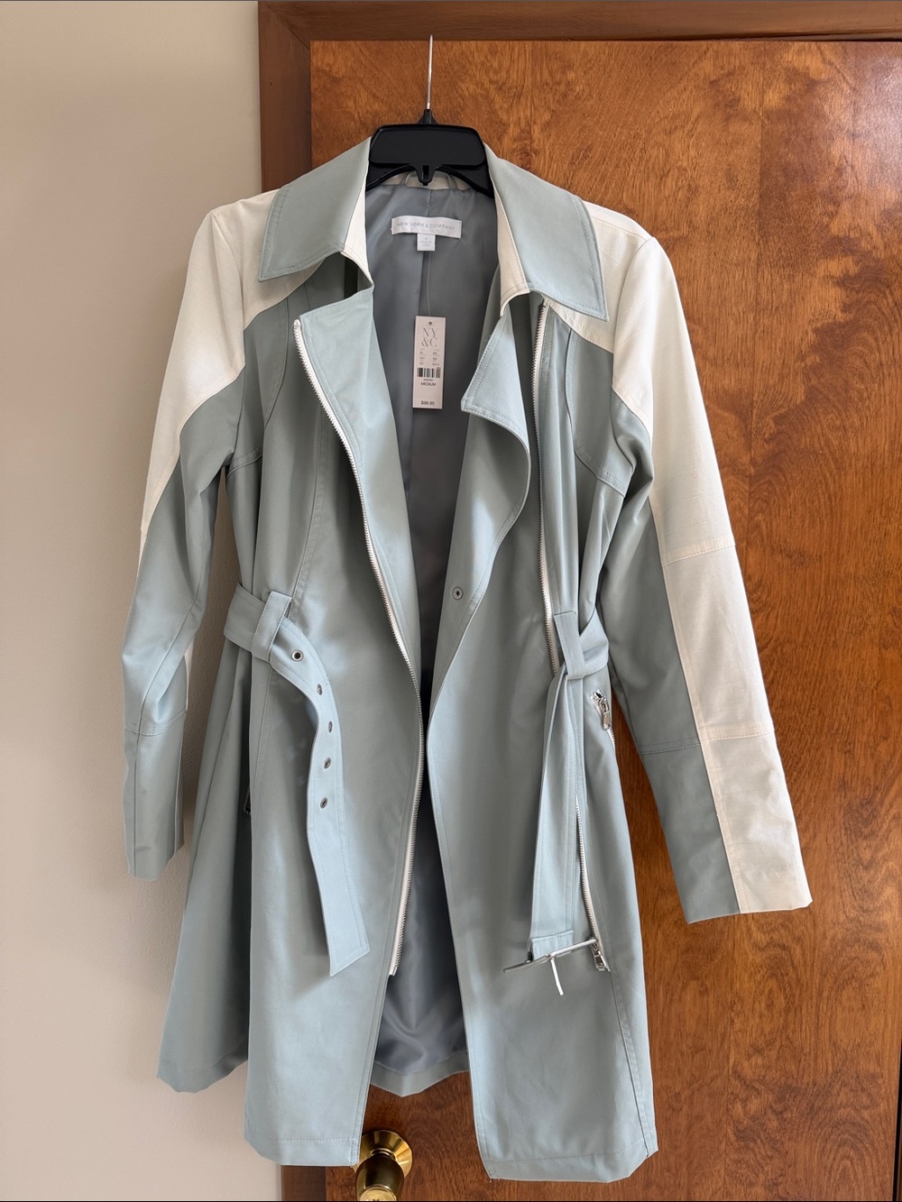 New York & Company Sage and Cream Two-Tone Trench Coat
